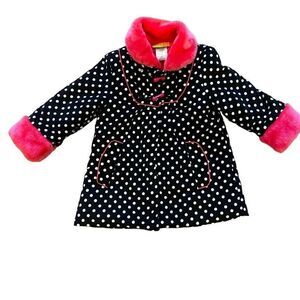 Penelope Mack Ltd Black White Polka Dot Pink Fur Trim Winter Coat Size 4